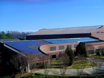 View of the top of Baker Sports Complex highlighting its solar panels